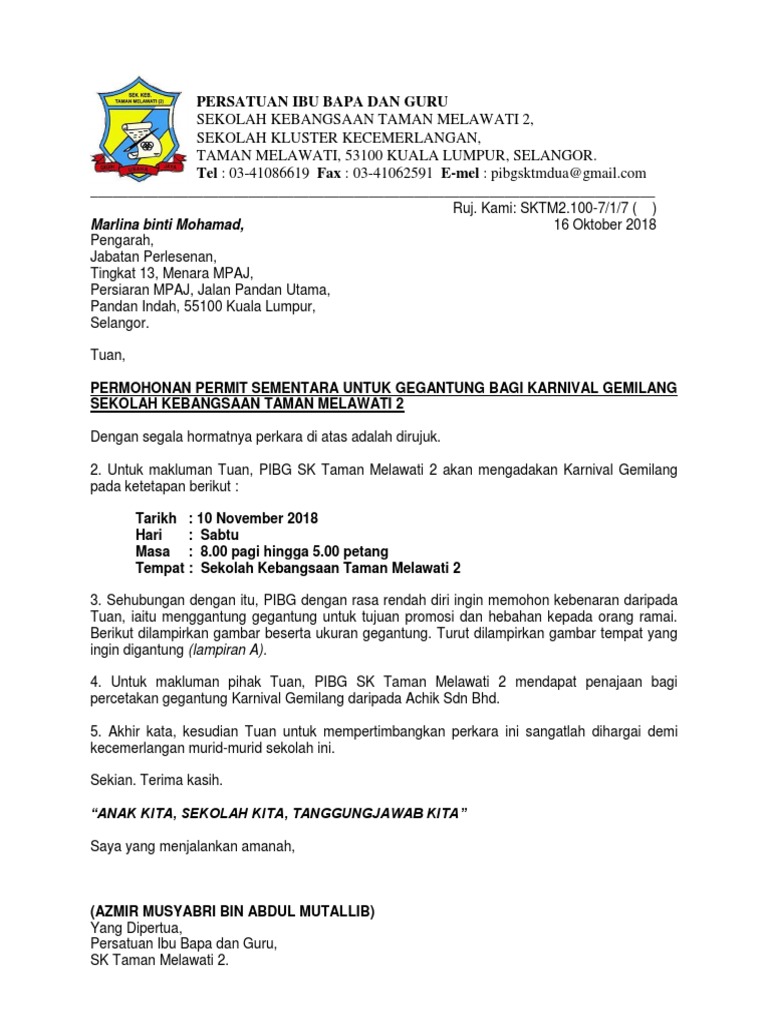 Surat Permohonan Permit Sementara Kepada Mpaj Pdf