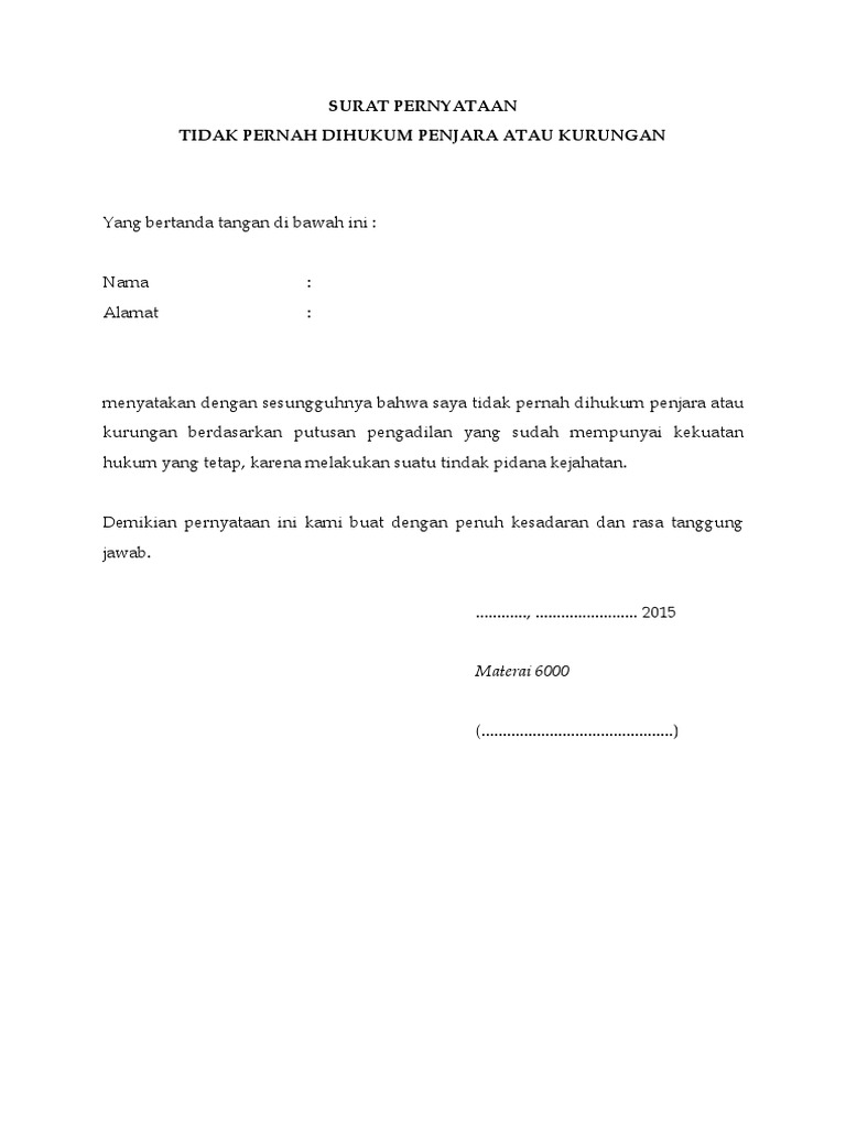 Format Surat Pernyataan Tidak Pernah Dihukum Penjara