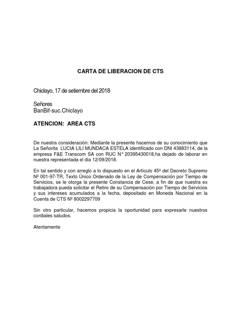Ejemplo de Liberacion de CTS