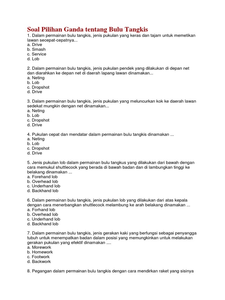 Contoh Soal Materi Bulu Tangkis Dan Jawabanya