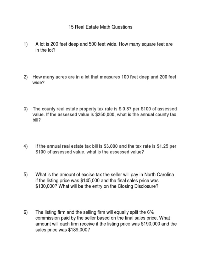 15 Real Estate Math Questions PDF Loans Taxes