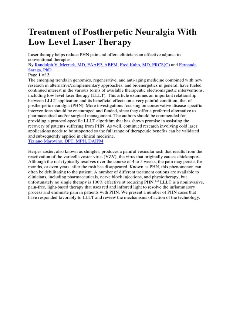 Treatment of Postherpetic Neuralgia With Low Level Laser Therapy