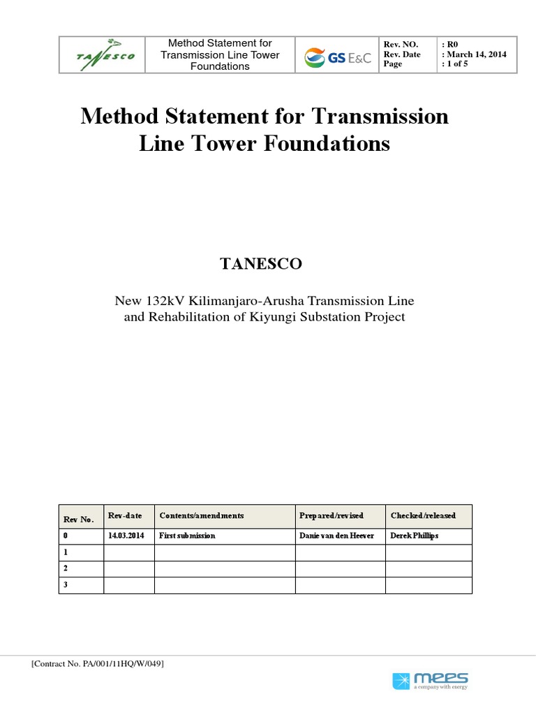 Method Statement for Transmission Line Tower Foundations: Tanesco ...