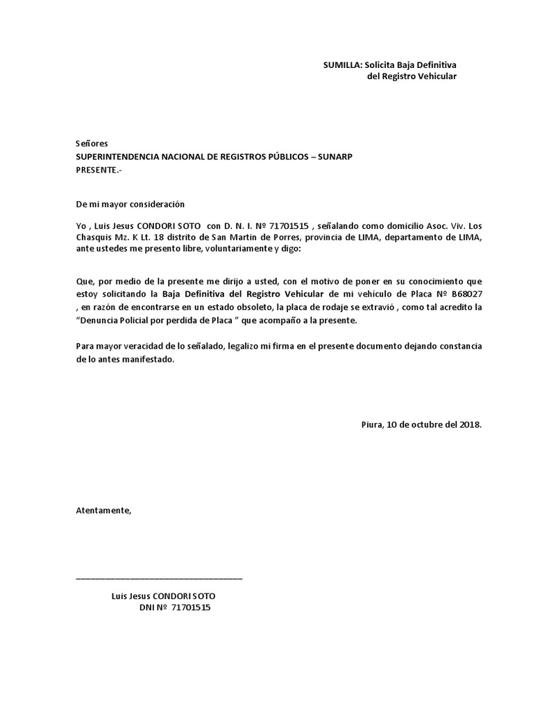 Solicitud De Baja Vehicular Ante Sunarp Pdf