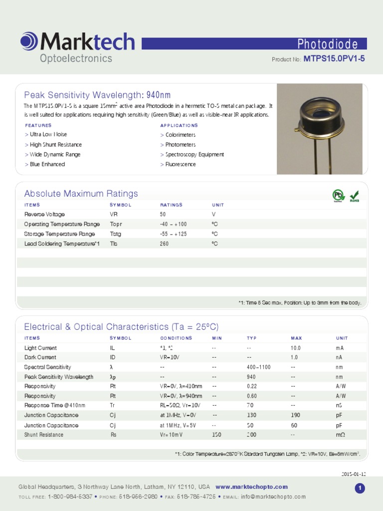 Photodiode Peak Sensitivity Wavelength 940nm PDF Manufactured