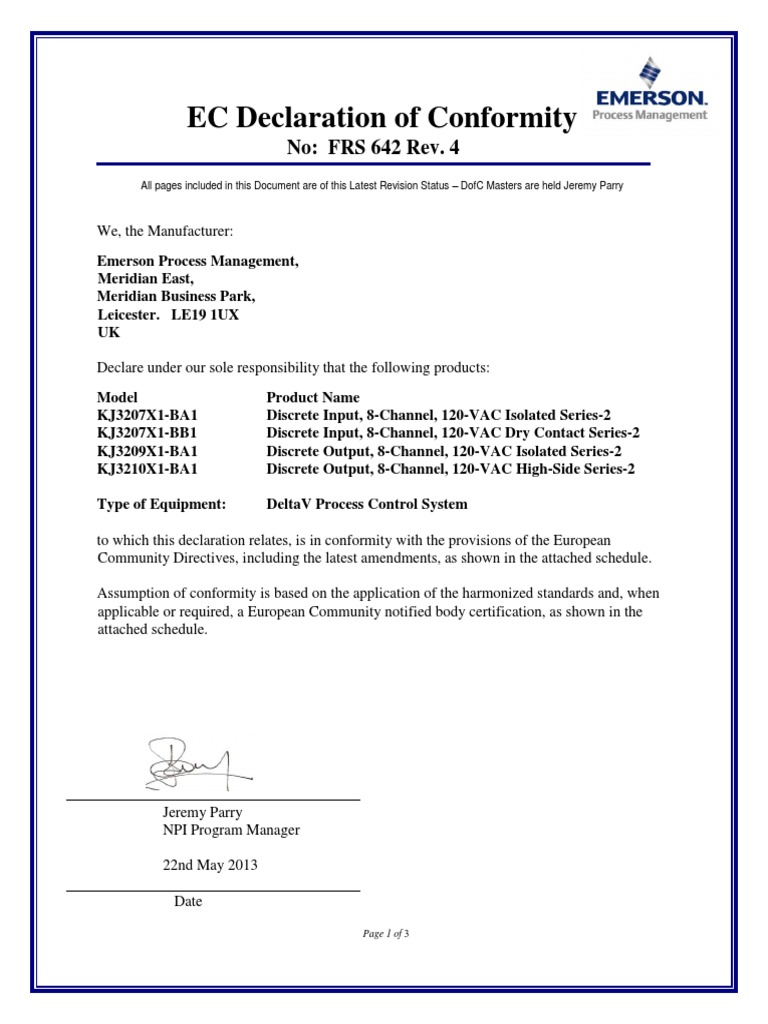 Emerson Process Management EC Declaration of Conformity for DeltaV ...