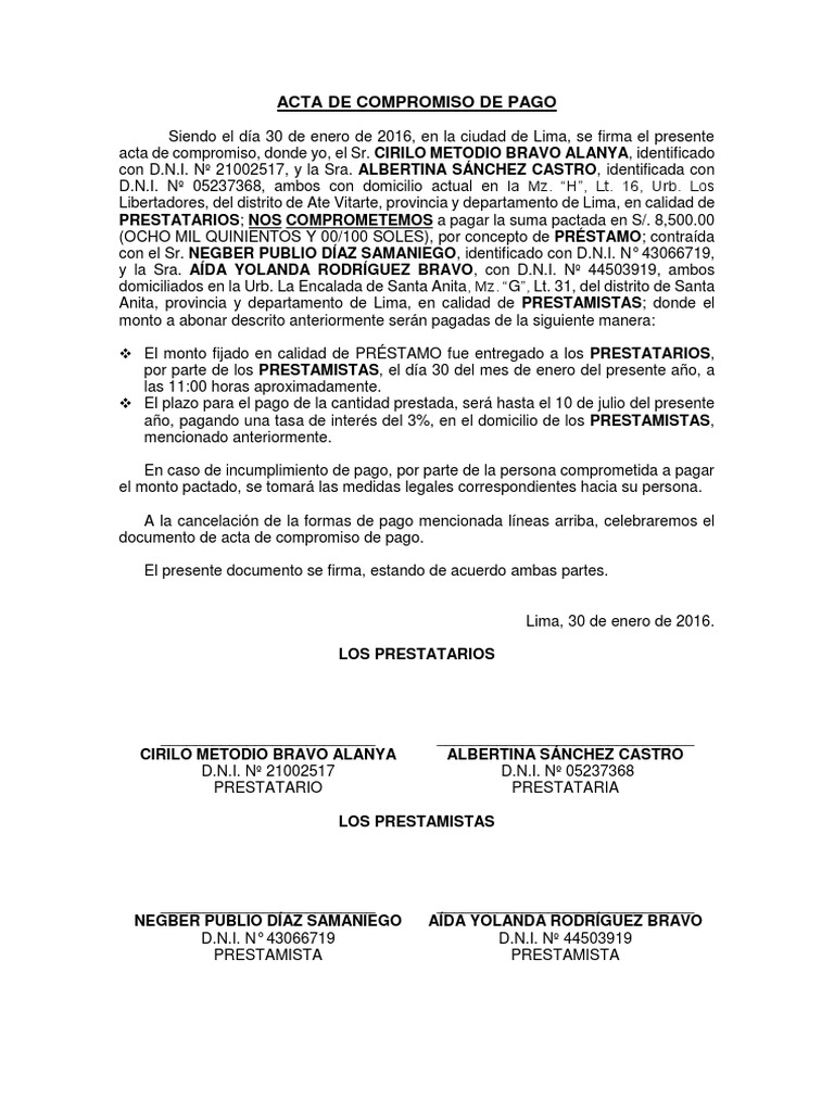 Modelo de carta de compromiso de pago. Agitación