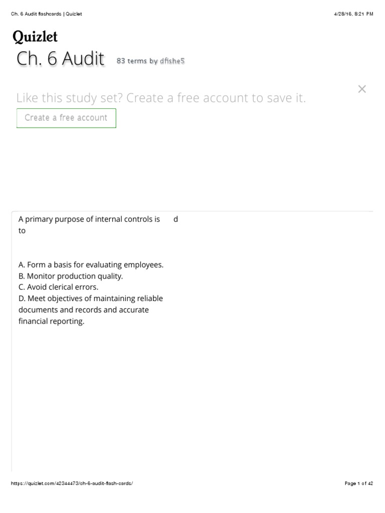 Ch. 6 Audit Flashcards Guide | PDF | Internal Control | Financial Audit