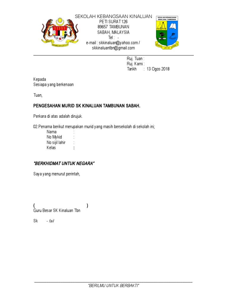 Pelajar Contoh Surat Berhenti Sekolah Rendah