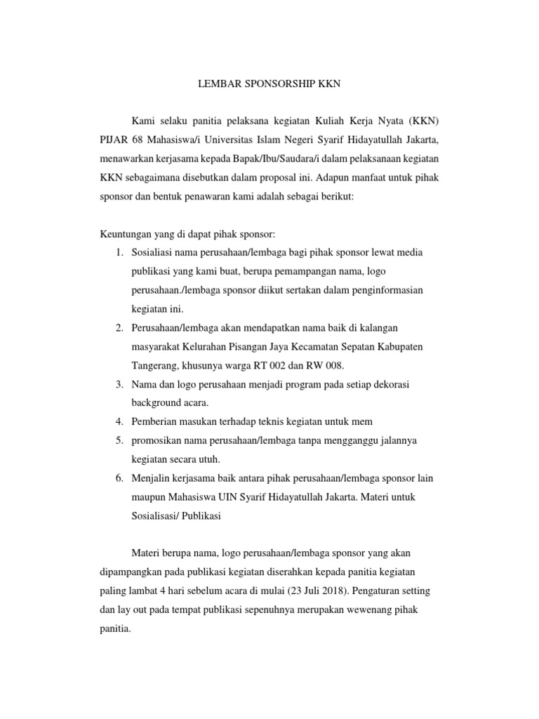 Proposal Sponsorship KKN PIJAR 68 | PDF