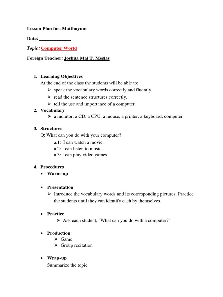 Computer World Lesson Plan | PDF | Computers