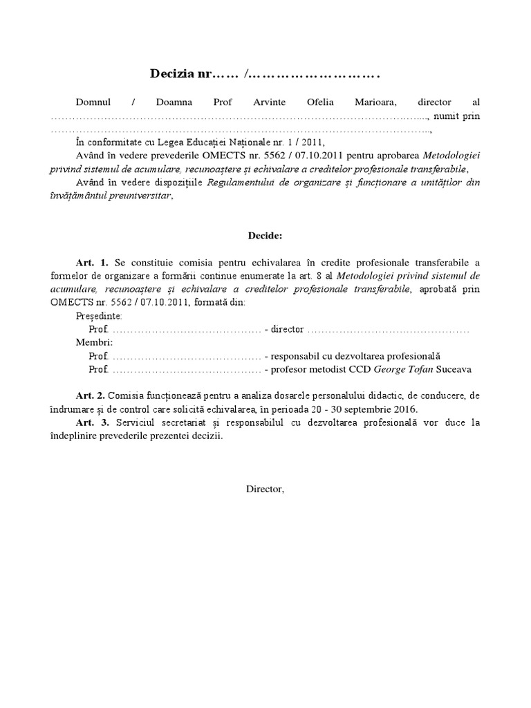Model decizie comisie echivalare pdf
