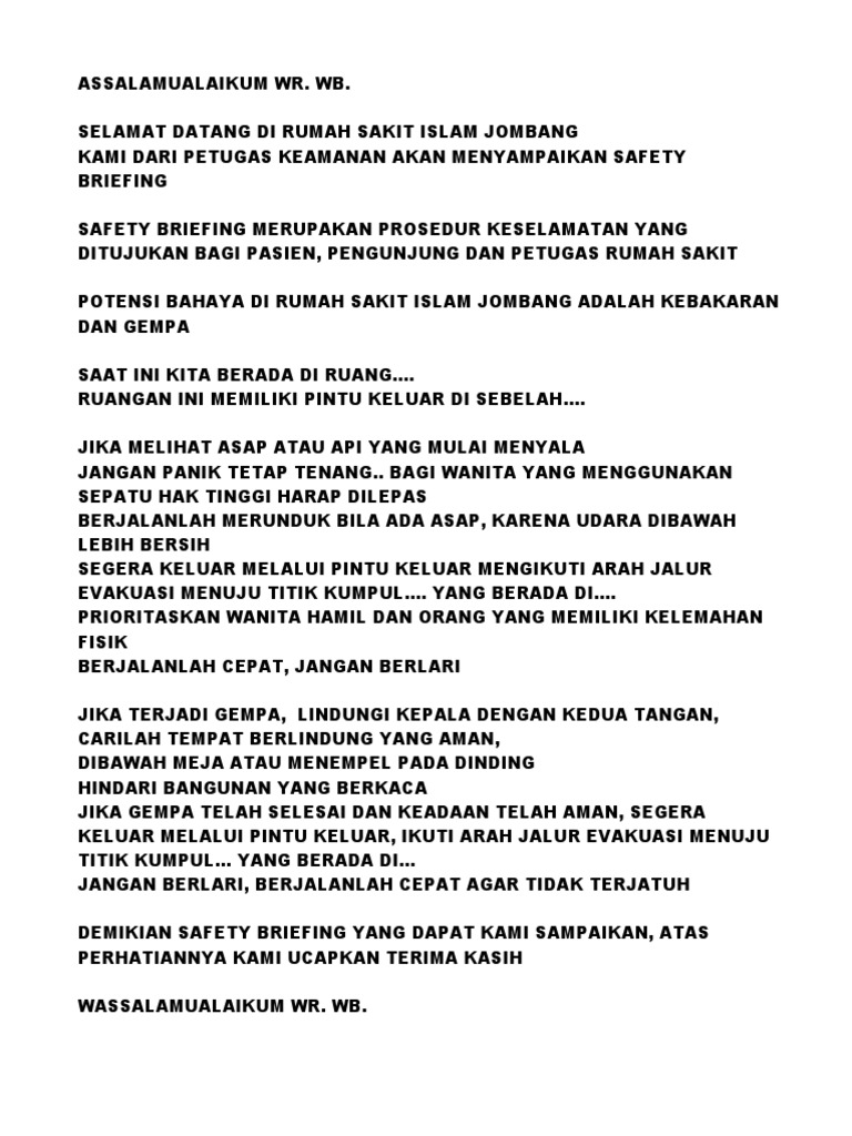 Teks Safety Briefing Pdf