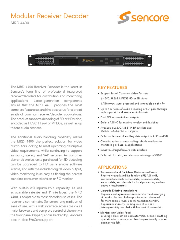 Sencore MRD 4400 Receiver Decoder Overview | PDF | Codec | Video