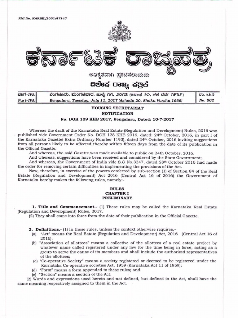 Karnataka Real Estate Regulation and Development Rules 2017 