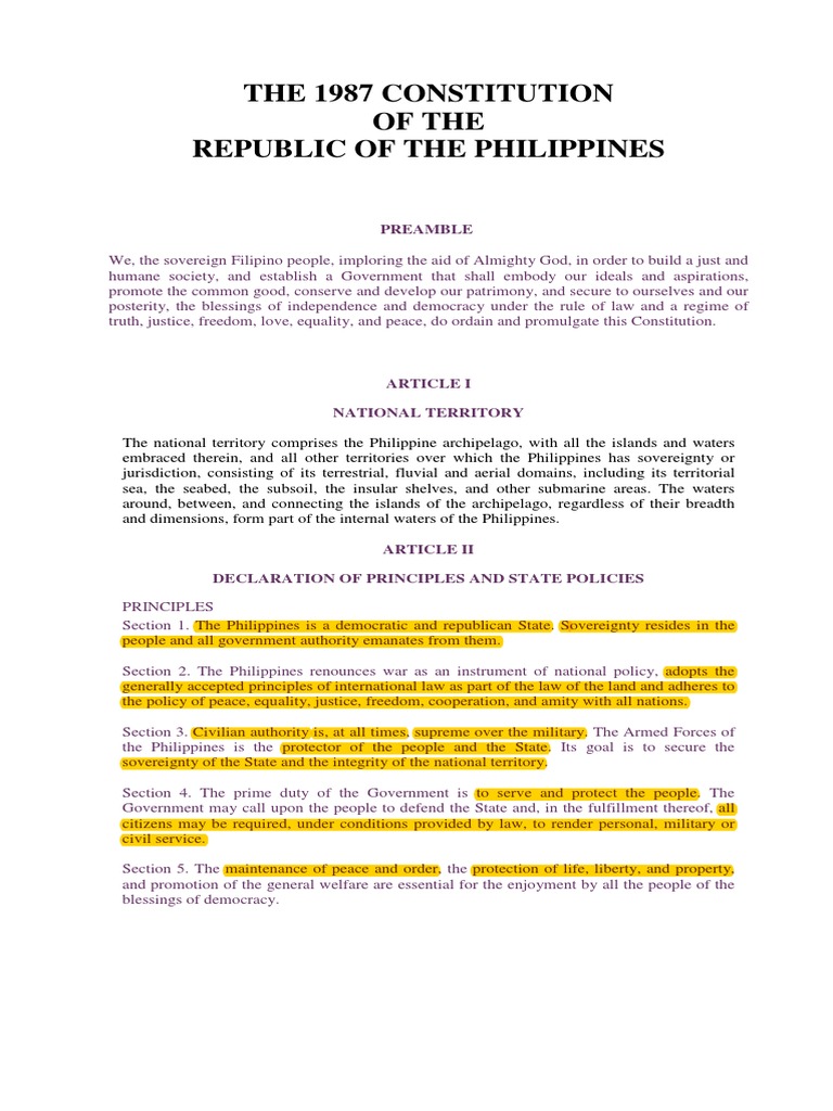 The 1987 Constitution of The Republic of The Philippines: Preamble ...