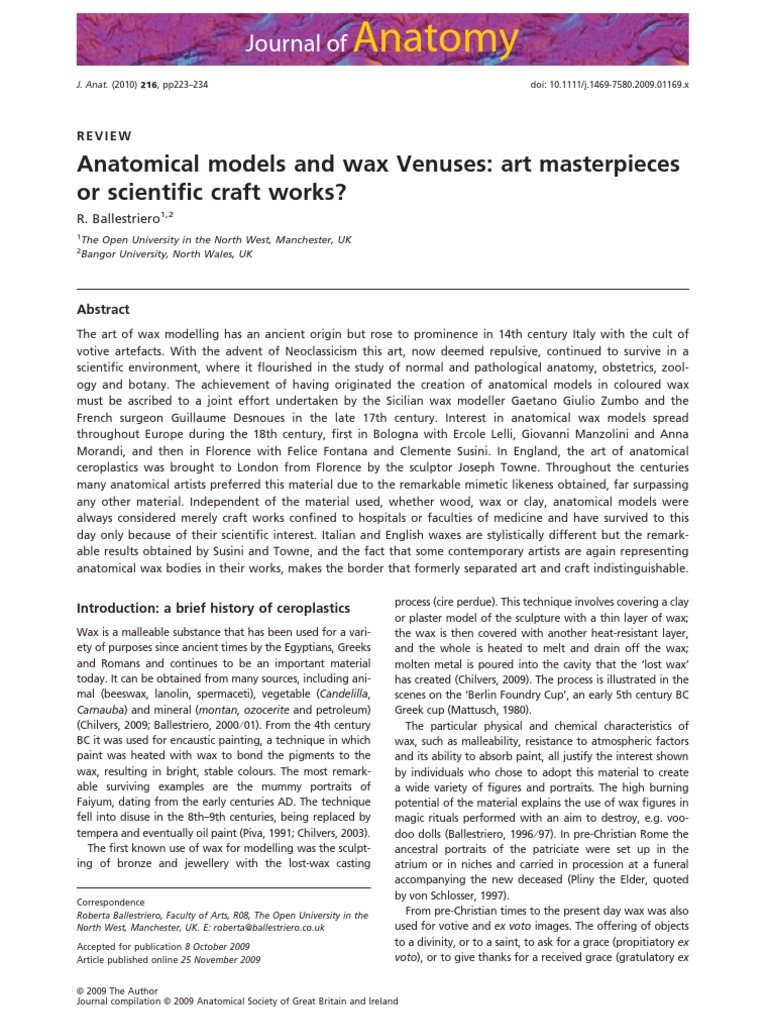 Journal Of: Anatomical Models and Wax Venuses: Art Masterpieces or ...