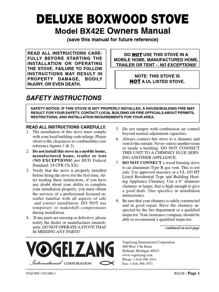 Vogelzang Boxwood Wood Heater Instructions PDF Chimney Stove