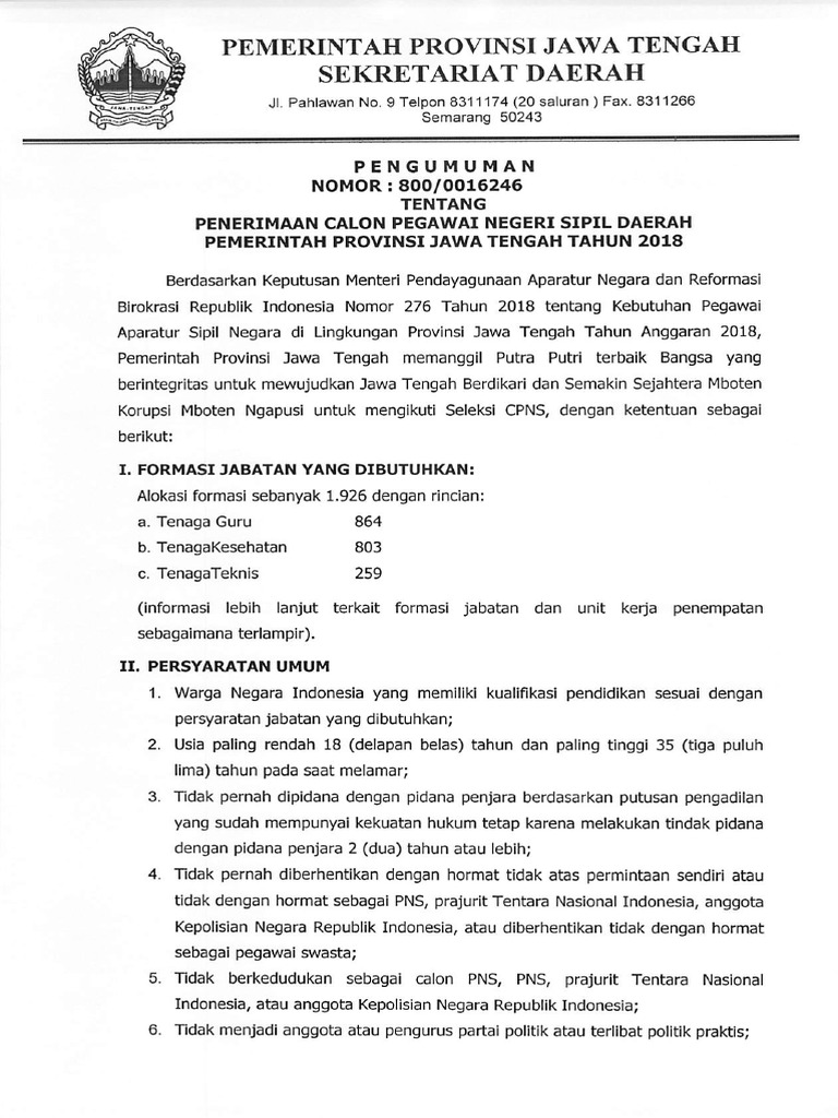 Pengumuman Cpns Pemprov Jateng 2018