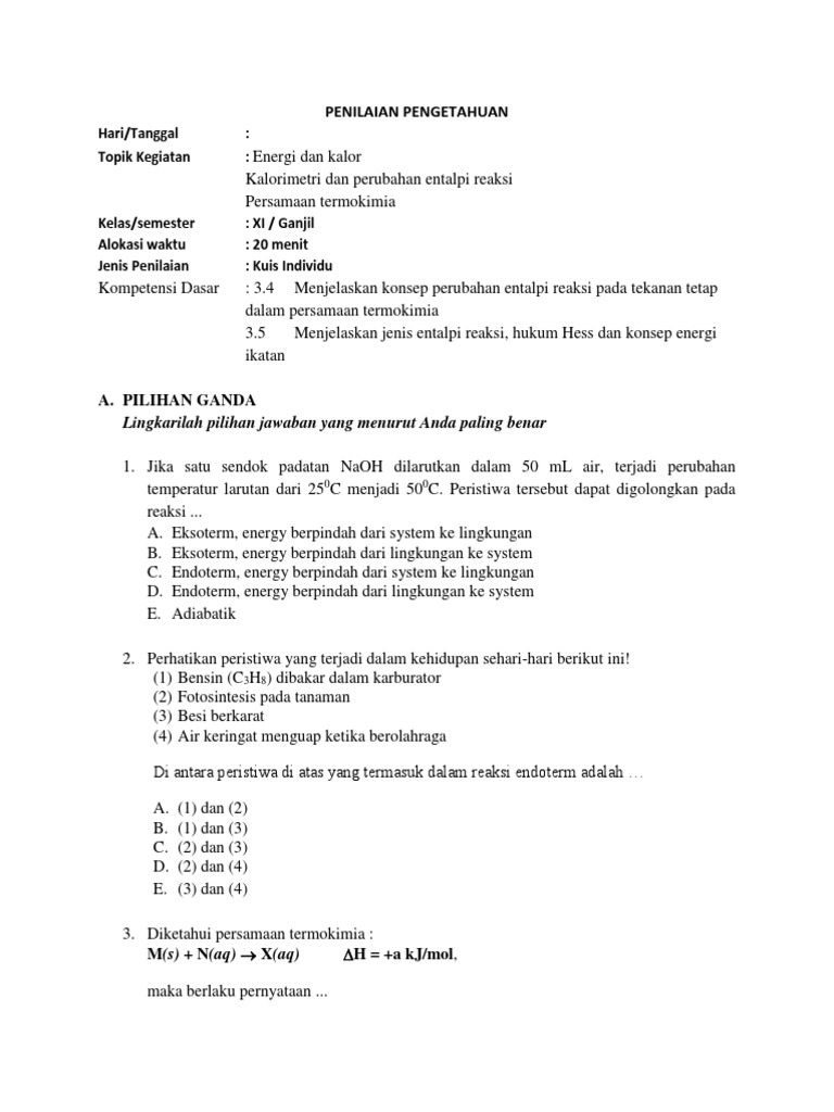 Soal Latihan Kd 3 4 Termokimia Fix
