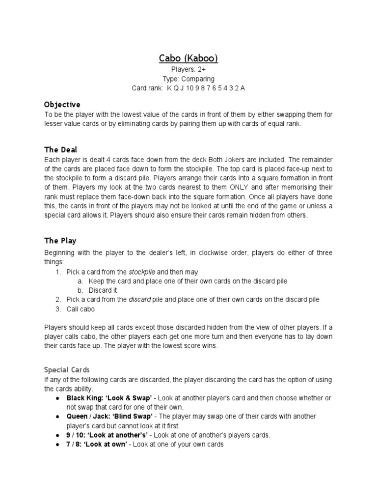 Cabo (Kaboo) Card Game Rules PDF Playing Cards Anglo American