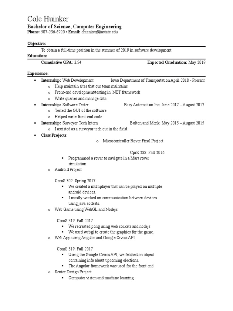 Cole Huinker: Software Developer Resume | PDF | Application Programming ...