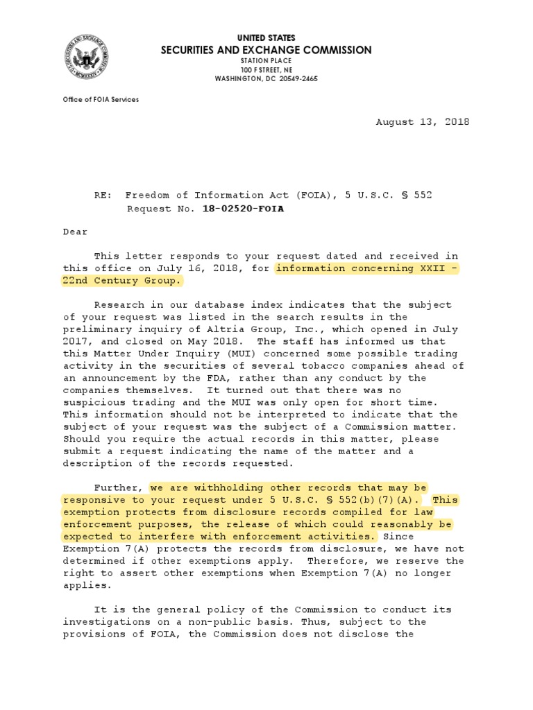 XXII SEC FOIA Request Response | PDF | Freedom Of Information Act ...