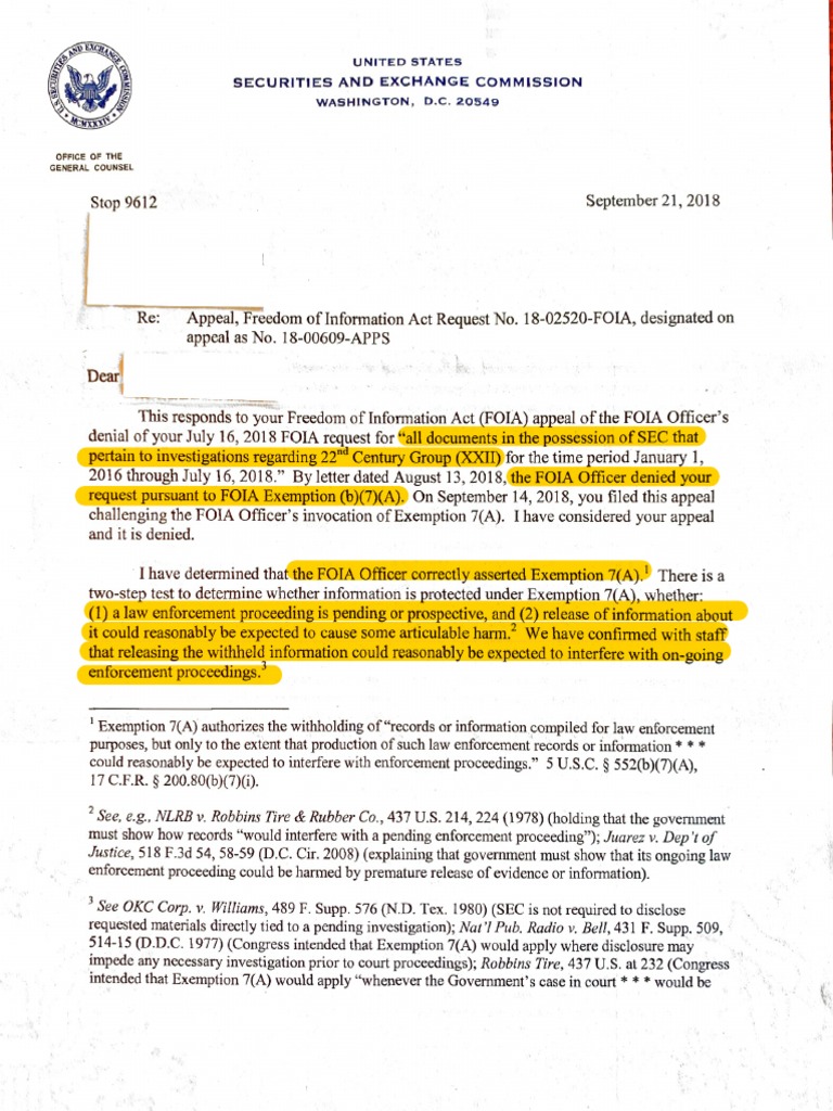 XXII Foia Appeal Denial - Sept 21, 2018 (Highlights Added) | PDF