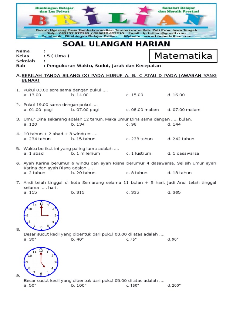 Soal Matematika Kelas 5 SD Bab 3 Pengukuran Waktu, Sudut, Jarak dan Kecepatan Dan Kunci Jawaban