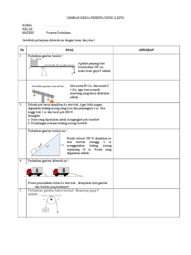 Lembar Kerja Peserta Didik Soal Pesawat Sederhana | PDF