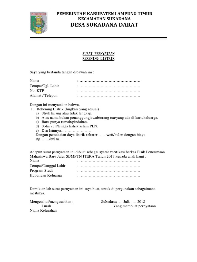 Surat Pernyataan Rekening Listrik