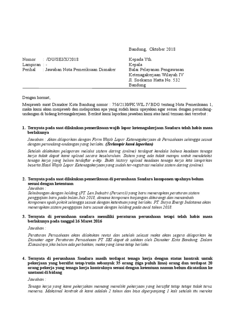 Jawaban Nota Pemeriksaan Disnaker 2018