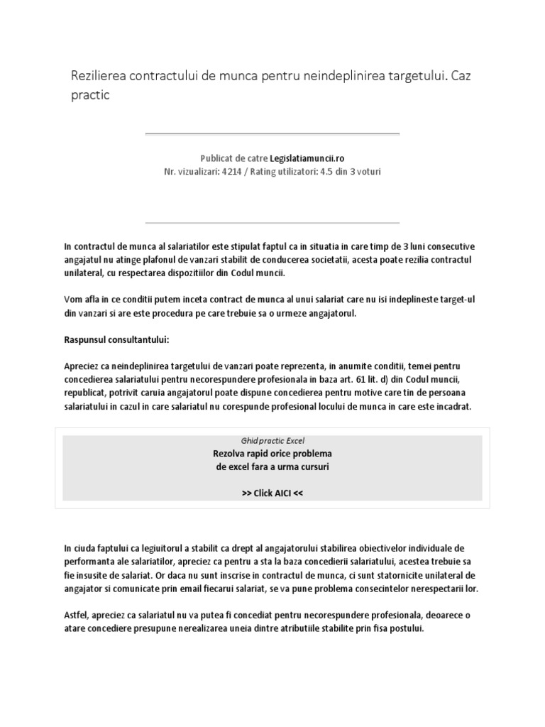 Concedierea J Rezilierea Contractului De Munca Pentru Neindeplinirea Targetului Caz Practic