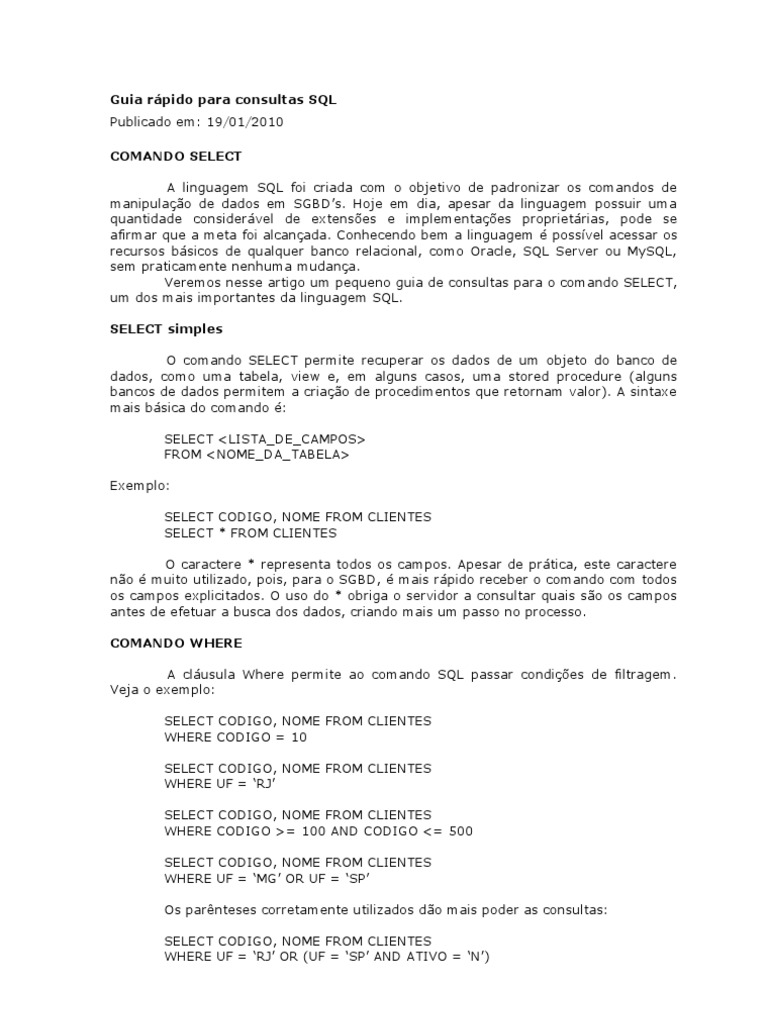 Guia de Consultas SQL: Comando SELECT | PDF | Design de software | SQL