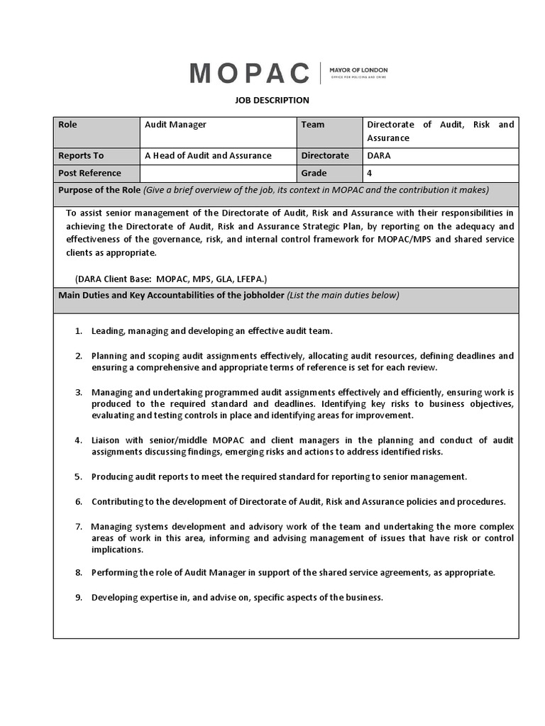 Audit Manager Job Description PDF Audit Business