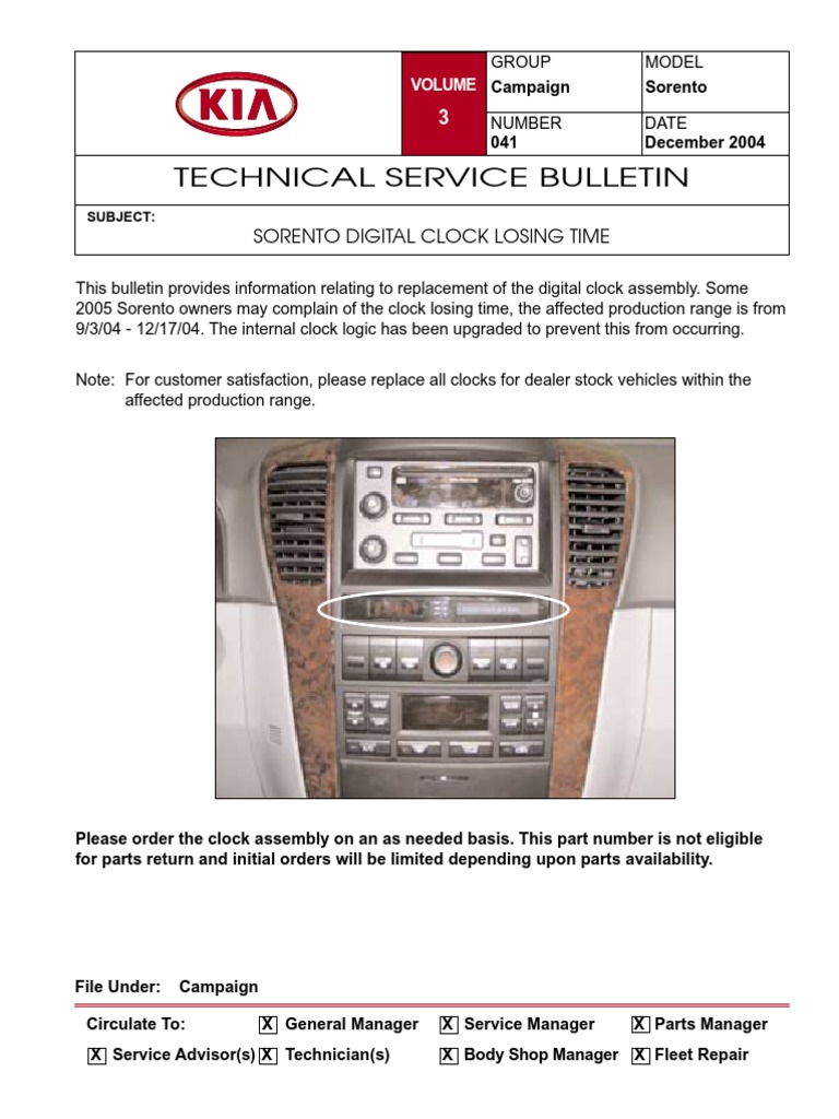 Technical Service Bulletin Sorento Digital Clock Losing Time