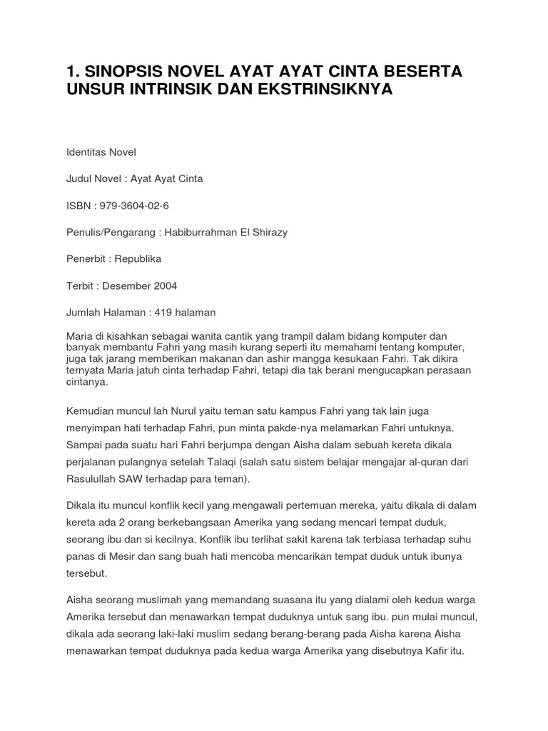 Unsur Intrinsik Novel Ayat Ayat Cinta Cerpen