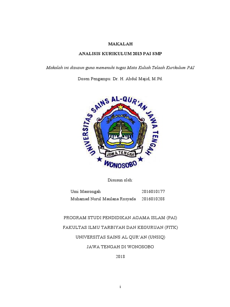 Makalah Telaah Kurikulum 13 Pai Smp
