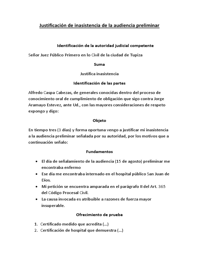 Justificación de Inasistencia de La Audiencia Preliminar | PDF