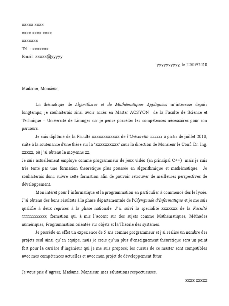 Lettre De Motivation Master Mathematiques Appliquees