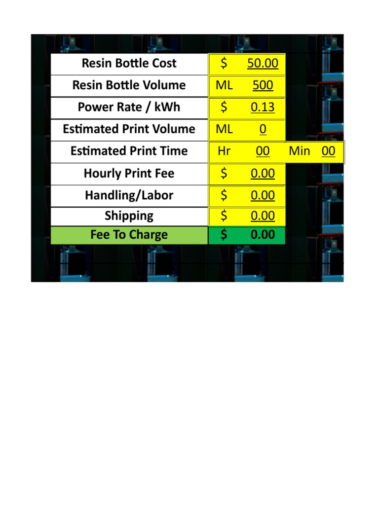 Resin Print Cost Calculator PDF