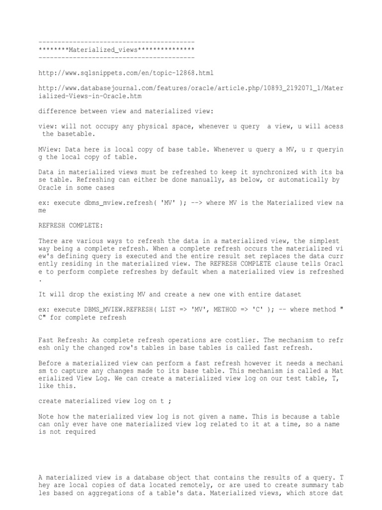Materialized View PDF Data Warehouse Oracle Database