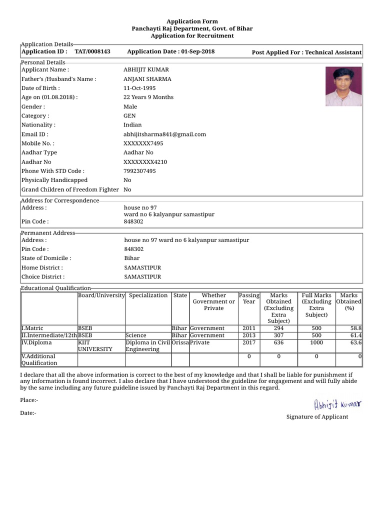 Bihar Technical Assistant Application | PDF | Social Institutions ...
