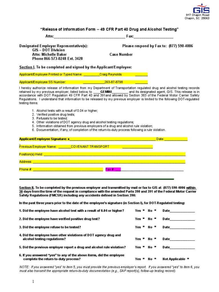 Release of information form 49 cfr part 40 drug and alcohol testing