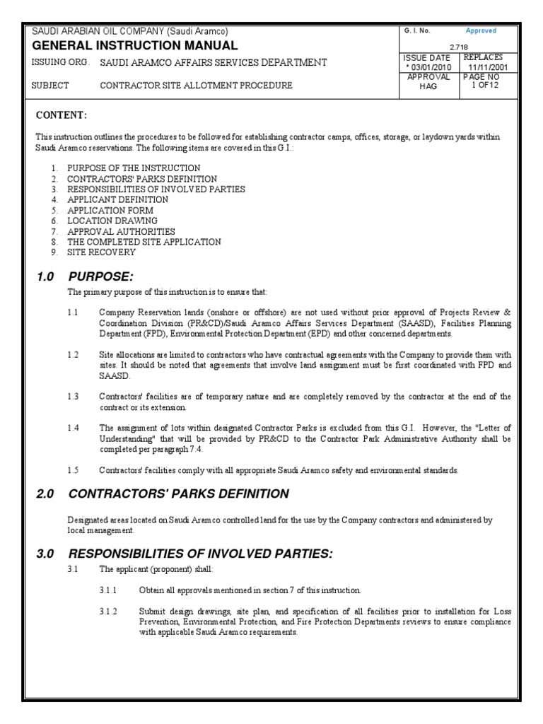 Gi 2 718 Contractor Site Allotment Procedure Saudi Arabia Safety
