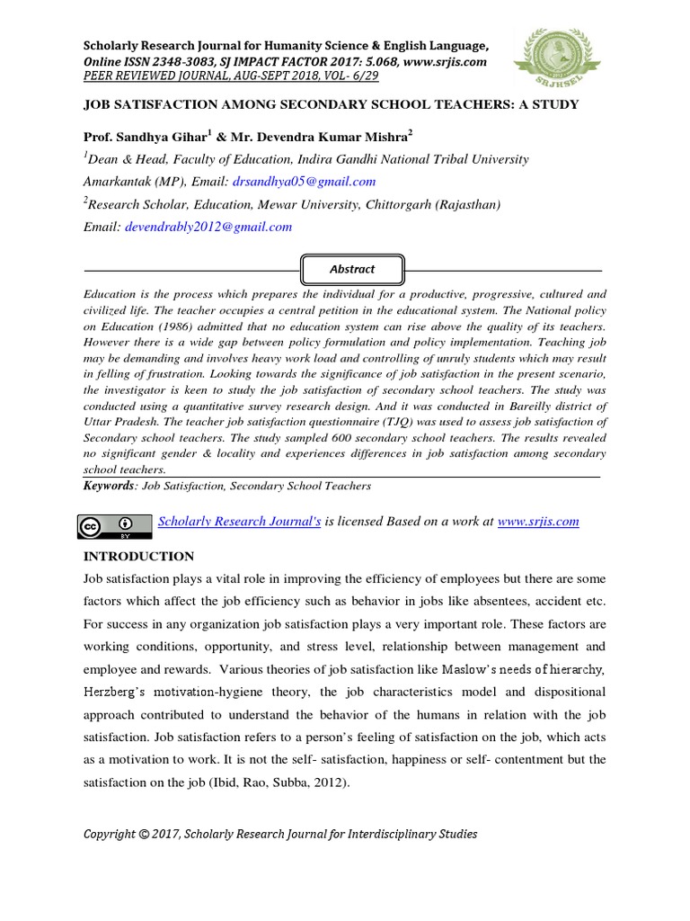 Job Satisfaction Among Secondary School Teachers: A Study | PDF ...