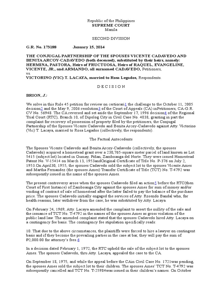 Cadavedo vs. Atty. Lacaya, A.C. No. 173188, Jan. 15, 2014 PDF