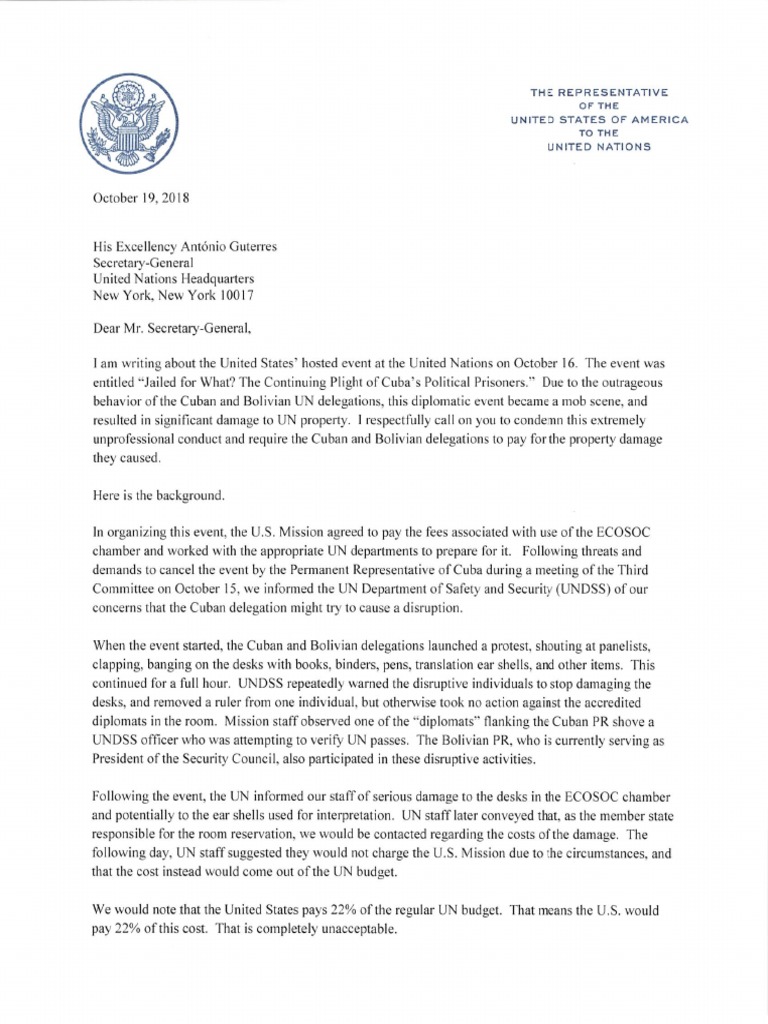 Us Letter To Un Secretary General Antonio Guterres
