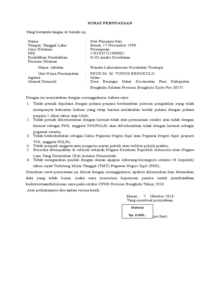 20180925 Contoh Surat Pernyataan Cpns Kementerian Panrb 2018