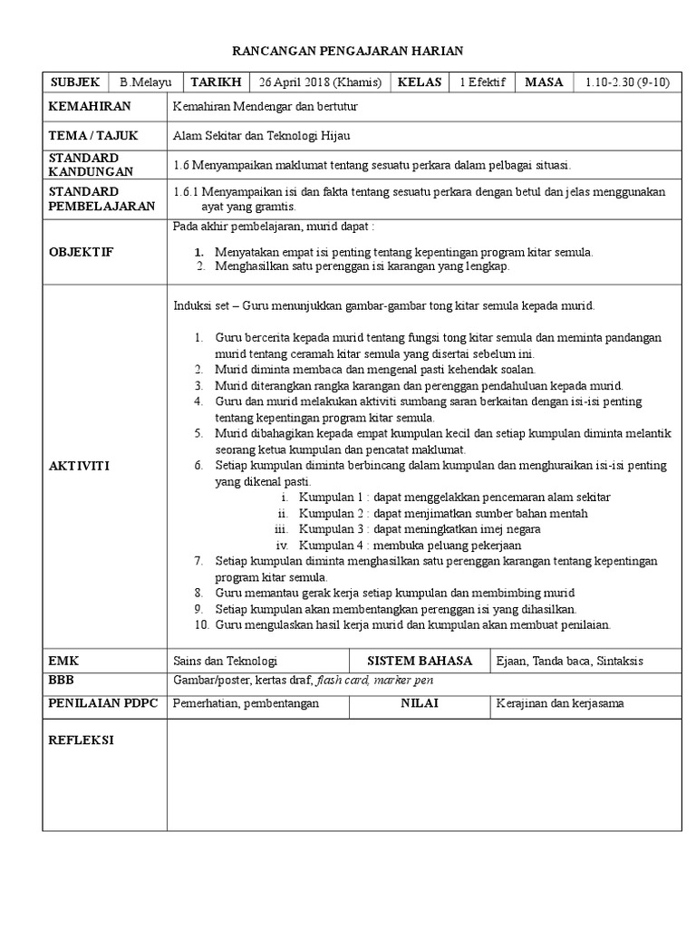 Contoh RPH BM TING 1 | PDF